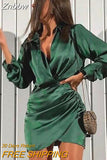 Znbbw Satin Shirt Dress Women Autumn Solid Turn-down Collar Single-breasted Long Sleeve Elegant Ruched Mini Dress Streetwear