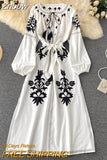 Znbbw New Spring Autumn Women's Embroidered Dress V-neck Tie Split Retro Indie Folk Style Holiday Beach Long Dress Women GD679