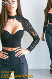 Znbbw Elegant Lace Crop Tops Women Long Sleeve Hollow Out Turtleneck Slim Skinny Club Party Fashion Vintage Short T Shirts Tee