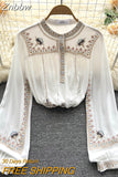 Znbbw Versatile Embroidery Shirt Women's Spring Autumn 2023 New Stand Collar Bohemian Loose Blouse Womens Tops G03