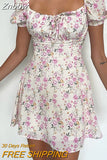 Znbbw New Summer Casual Off Shoulder Tie Up Floral Print A-Line Dress Sexy Women Short Sleeve Slim Mini Dress for Club Party