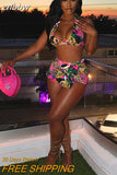 znbbw Summer Sexy Printing 2 Two Piece Sets Club For Women 2023 Halter Crop Top And High Waist Mini Skirts Sets Casual Females