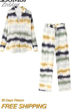 Znbbw TRAF 2023 Thin Summer Tie Dye Print Women Suits Long Sleeve V Neck Loose Shirt Wide Pants Vintage Female 2 Piece Sets