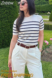 Znbbw TRAF 2023 Women Spring Summer Sweet Striped Jacquard Knitted Pullover Sweater Cute Slim O-neck Chic Short Zevity Jumpers