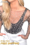 Znbbw Women Sexy See-through Pearls Mesh T-shirt Long Sleeve Crew Neck Slim Fit Tops Club Party 2023 Spring Summer Ladies clothes