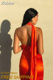 Znbbw Elegant Satin Backless Maxi Dress Women Gown Summer Halter Sleeveless Backless Bodycon Long Club Party Dress Vestido