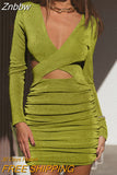 Znbbw Sexy Two Layer Deep V Neck Ruched Bodycon Mini Dress For Women Autumn Hollow Out Skinny Dresses Party Club Dress