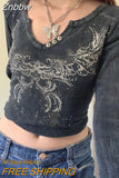Znbbw Print Retro Y2K Crop T-shirts Vintage Harajuku Grunge Fairycore Clothes Aesthetic 90s V-neck Autumn Tops