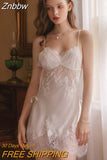 Znbbw Back Lingerie Eyelash Lace Sling Nightdress Vintage Nightgowns Sexy Sleepwear Silk Dress Women Night Gown Sleep Tops