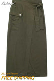 Znbbw TRAF Women Fashion With Pockets Dark Green Front Slit Midi Skirts Vintage High Waist Female Chic Lady Long Skirt