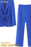 Znbbw Tops With Belt Pant Sets Women Fashion Single Button Jacket Trousers Autumn Winter Office Outfits Outwear