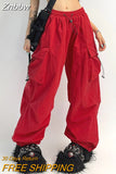 Znbbw Cyber Y2K Red Parachute Pants Women Kpop Streetwear Gray Cargo Trousers Oversized Egirl Punk Black Wide Leg Pantalones