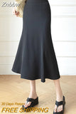 Znbbw Waist Women Midi Long Skirts Elegant Wrap Hip Draped A-Line Mermaid Skirts Korean Fashion Office Lady Vintage OL Bottoms
