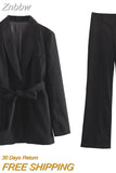 Znbbw Tops With Belt Pant Sets Women Fashion Single Button Jacket Trousers Autumn Winter Office Outfits Outwear