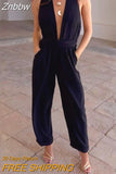 Znbbw Women Jumpsuit Fashion Sexy V Neck Sleeveless Nipped Waist Loose With Pockets Wide Legs Pants Romper High Streetwear
