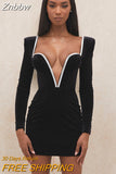Znbbw Long Sleeve Sexy Deep V Neck Wired Diamante Crystal Padded Should Bodycon Outfits Women Winter Velvet Party Dress
