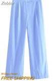 Znbbw TRAF Women Fashion Striped Print Straight Pants For Women Office Lady High Waist Long Trousers Women