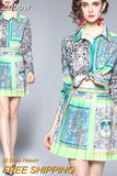 Znbbw Women Fashion Luxury Print Shirt Top + Pleated Mini Skirt New 2023 Spring Autumn Vintage Long Sleeve Buttons Party 2 Piece Sets