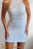 Znbbw Sleeveless Off Shoulder Sequin Mini Dress Women Fashion Halter Skirt Female Elegant O-neck High Waist Dresses