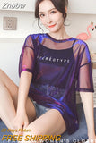 Znbbw Hollow Out T Shirt Women Sexy Transparent Summer Tops Ladies Short Sleeve Loose Two set T-Shirts Women Tee Shirt