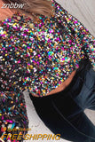 znbbw Lady T-Shirts O-Neck Blusa Women Fashion Party Glitter Sequin Tees Shirt Casual Streetwear Lantern Sleeve Sexy Crop Tops