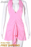 Znbbw Bandage Lace Up Backless Pleated Mini Dress Women Sleeveless Deep V Solid Pink Robe 2023 Summer Harajuku Lolita Y2K Clothes