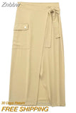 Znbbw TRAF Women Fashion With Pockets Dark Green Front Slit Midi Skirts Vintage High Waist Female Chic Lady Long Skirt