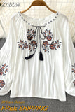 Znbbw Women's Retro Blouse National Style Embroidered Lace-Up Tassel V-Neck Lantern Sleeve Tops Loose All-Match Female Blusa G05