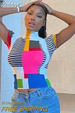 Znbbw Patchwork Printed Turtleneck T-Shirt Women Fashion Streetwear Short Sleeve Tops 2023 Summer Ladies Elegant Tee Shirts
