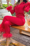 Znbbw Satin Feather Women 2 Piece Set Fashion Long Sleeve Bowknot Up Long Blouse Female Shirt Tops Wide Leg Pants Suit Outfits