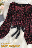Znbbw WomenSpring Auttumn Blouse New All-match Sequins O-Neck Shirts Long-sleeved Open Back Lace-up Bow Short Tops Female Blusa GX1082