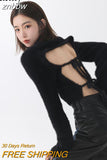 znbbw 2023 Winter Korean Style Slim Long Sleeve Mohair Sweater Women Sexy Backless Bandage Ladies Crop Top Fall Female Pullover
