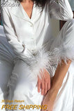 Znbbw Satin Feather Women 2 Piece Set Fashion Long Sleeve Bowknot Up Long Blouse Female Shirt Tops Wide Leg Pants Suit Outfits