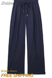 Znbbw TRAF Women Chic Side Pockets Loose Wide Leg Pants Vintage High Elastic Waist Drawstring Female Trousers Mujer