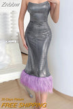 Znbbw Sexy Strapless Feather Hem Bodycon Y2K Night Dresses for Women Off the Shoulder Evening Party Elegant Midi Dress