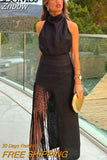 Znbbw TRAF Y2K Tassels Women 2 Piece Sets 2023 Summer Sleeveless Backless Halter Crop Top Female Asymmetric Midi Skirt Suits