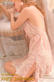 Znbbw Floral Hollowed Out Lace Nightdress Womens Nightgown Sleepwear Lingerie Dress Spaghetti Strap Sleeping Dress with Thongs