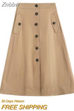 Znbbw 2023 Summer Autumn Skirt Women Loose Pockets Midi Khaki Skirt Women With Button