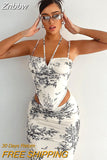 Znbbw Women Fashion Halter Printed Tank Tops Camis Midi Skirt Two Piece Sets Suits Outfits 2023 Summer Clothes Streetwear