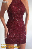 Znbbw Sleeveless Off Shoulder Sequin Mini Dress Women Fashion Halter Skirt Female Elegant O-neck High Waist Dresses