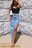 Znbbw TRAF Elegant Side Split Skirt Women Summer High Waist Midi Skirts Female 2023 Spring Denim Office Blue Ladies Clothes