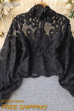 Znbbw 2023 New Fashion Blouse Female Hollow Lantern Sleeve Temperament Blusa Stand-up Collar Slim Short Lace Shirt C342