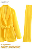 Znbbw Tops With Belt Pant Sets Women Fashion Single Button Jacket Trousers Autumn Winter Office Outfits Outwear