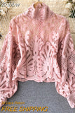 Znbbw 2023 New Fashion Blouse Female Hollow Lantern Sleeve Temperament Blusa Stand-up Collar Slim Short Lace Shirt C342