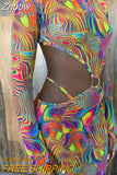 Znbbw Women Autumn Winter Long Sleeve Hollow Out Printed Mesh Backless Bodycon Mini Dress 2023 Female Clothing Streetwear