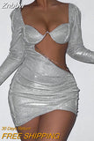 Znbbw Glitter Diamond Chain Hollow Out Mini Dress For Women Autumn New Shiny Strapless Ruched Short Party Dress Vestido