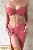 Znbbw Elegant Strapless Sexy Two Piece Set Women Sleeveless Crop Top And High Split Skirt Matching Sets Party Dress Sets