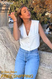 Znbbw TRAF Women V Neck Single Breasted Short Vest Office Lady Sleeveless Chic White Suit Business Slim Waistcoat Tops