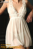 Znbbw Summer Women Sexy Sleepwear V-Neck Backless Nightdress Casual Nightgown Comfortable Lace Pajama Bifurcation Nightwear