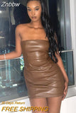 Znbbw Orange PU Leather Strapless Sexy Party Dress Women Night Out Clubwear Off the Shoulder Slim Bodycon Mini Dresses